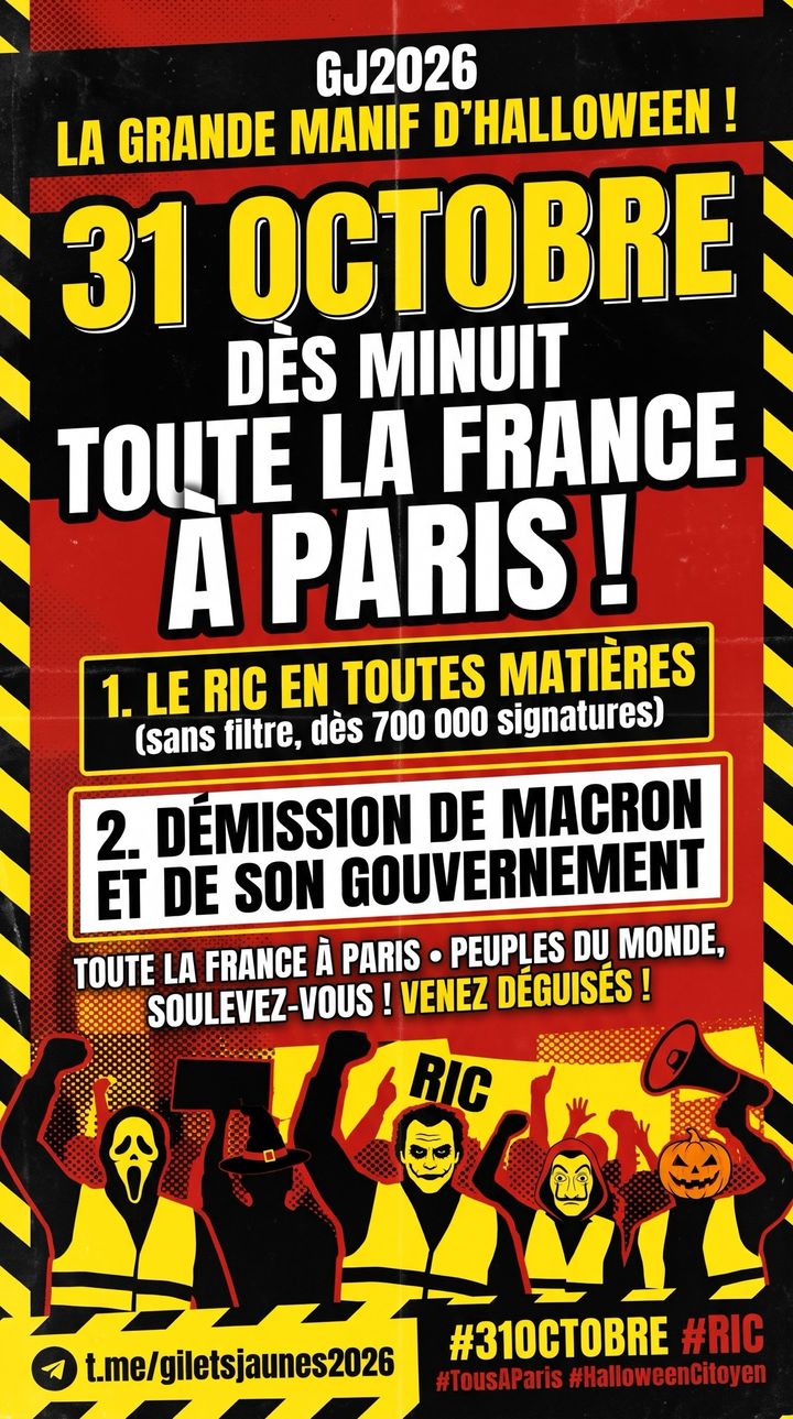 Affiche officielle de la grande manif d’Halloween, 31 octobre, tous à Paris